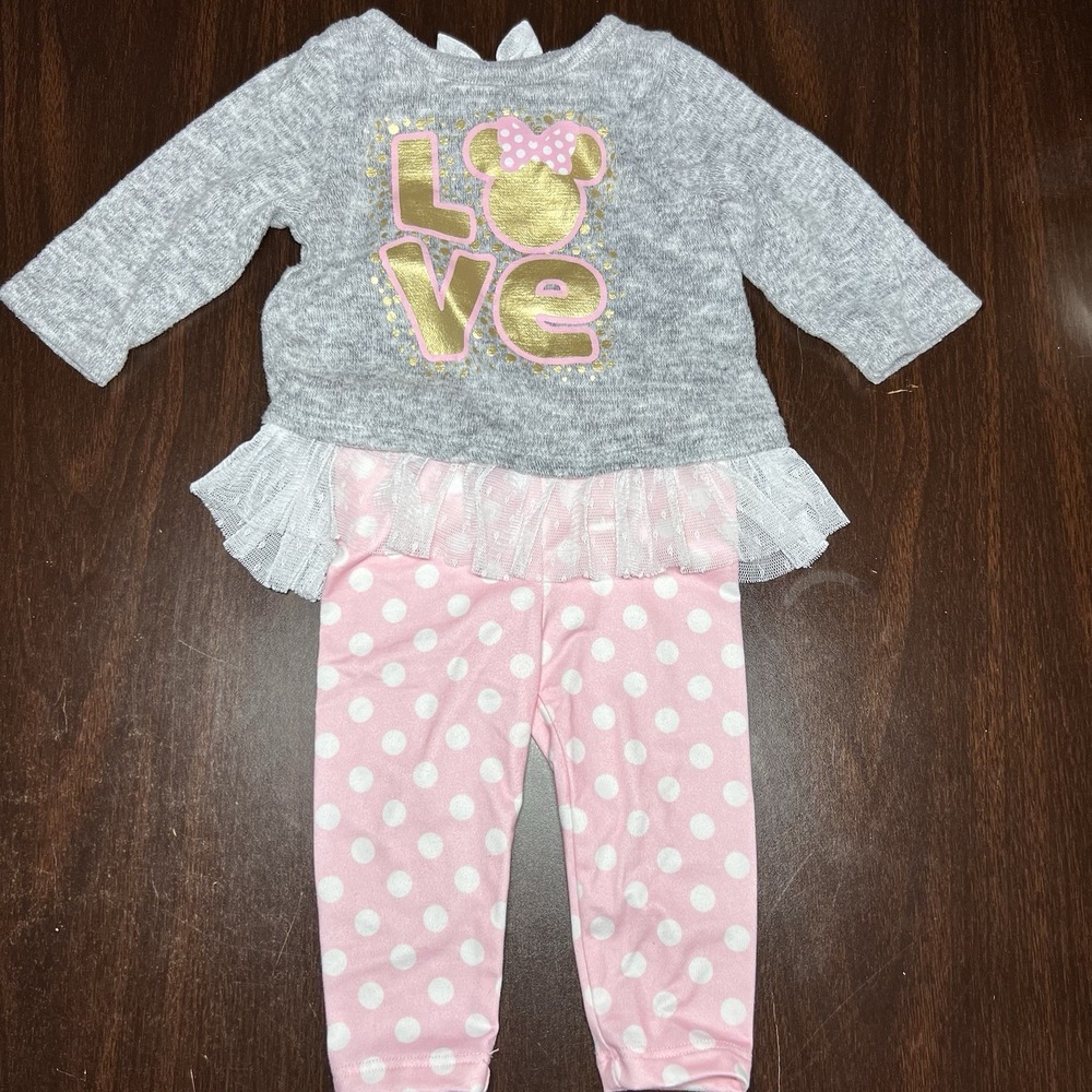 Disney Baby Minnie Mouse Outfit Girls 3–6M LOVE Top‎ Polka Dot Pants Set EUC
